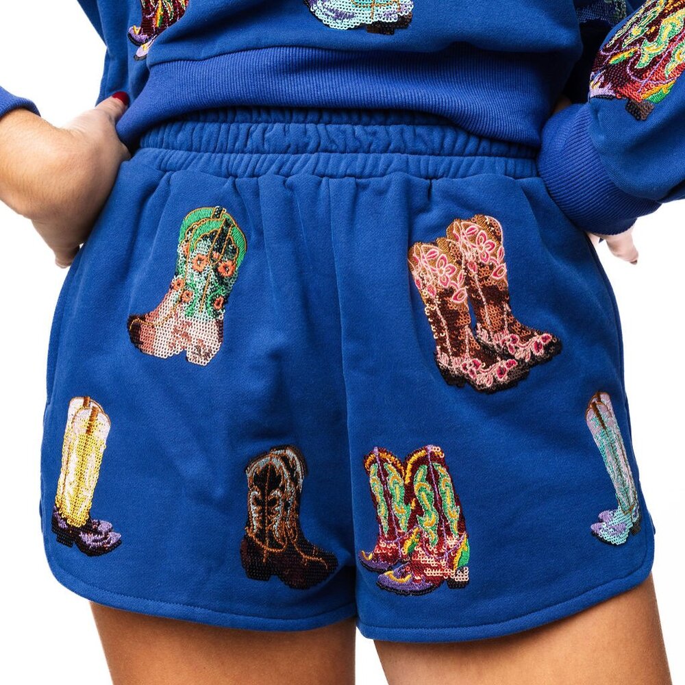 NEW Queen Of Sparkles-Royal Blue Multi Cowboy Boot Shorts